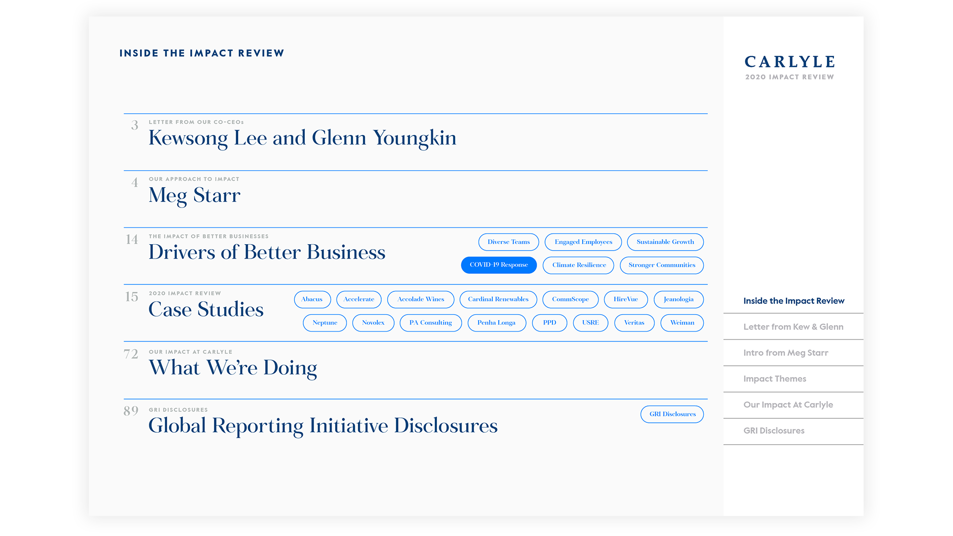 Carlyle Impact Review layout