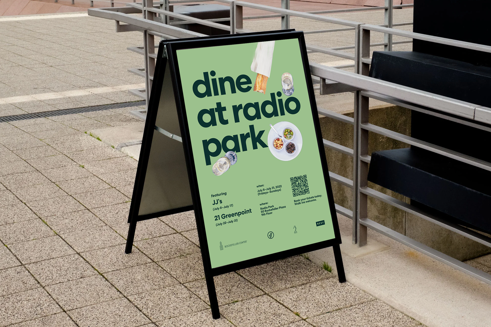 Dine at Radio Park A-frame sign