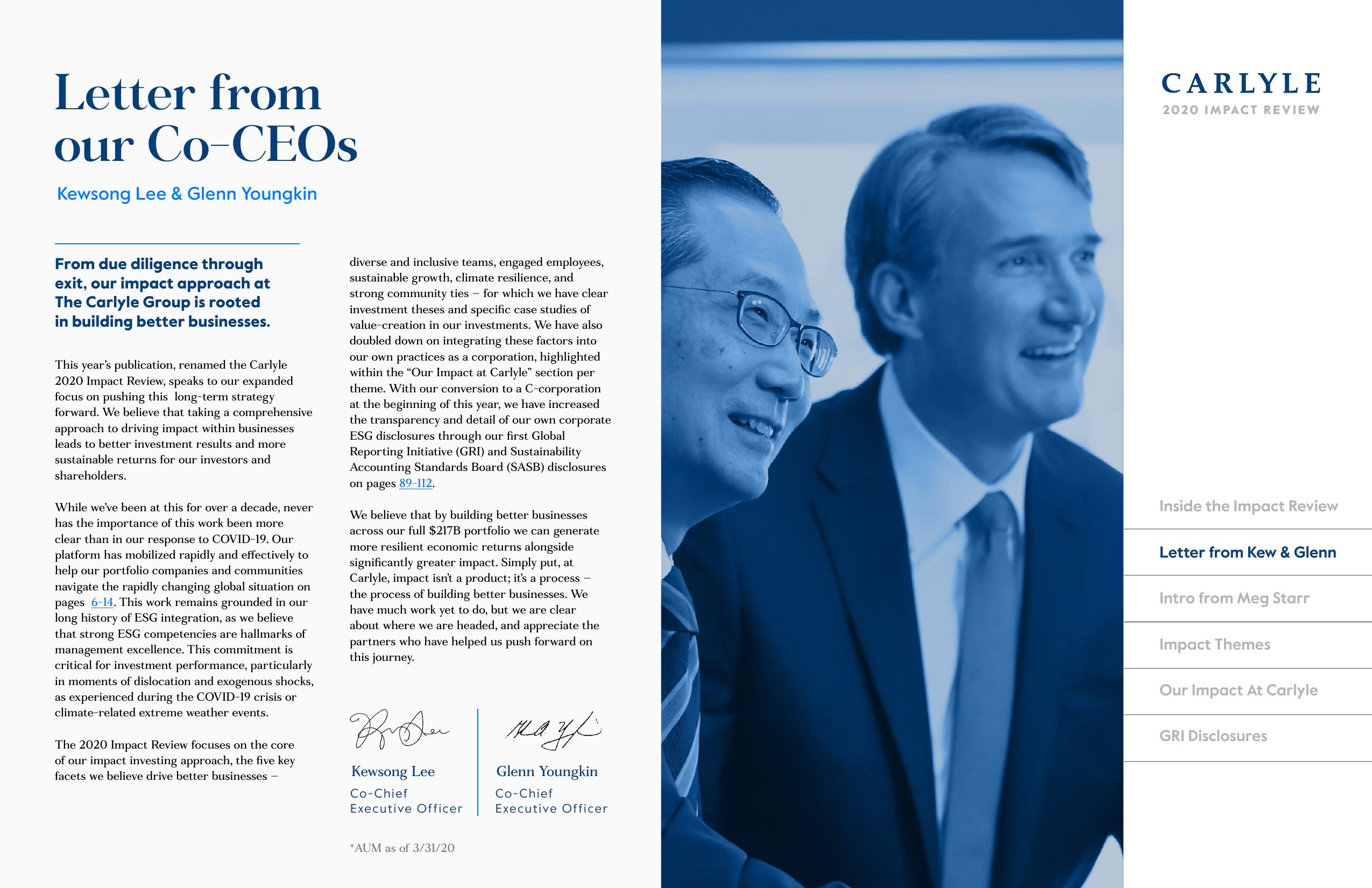 Carlyle Impact Review letter from co-CEOs