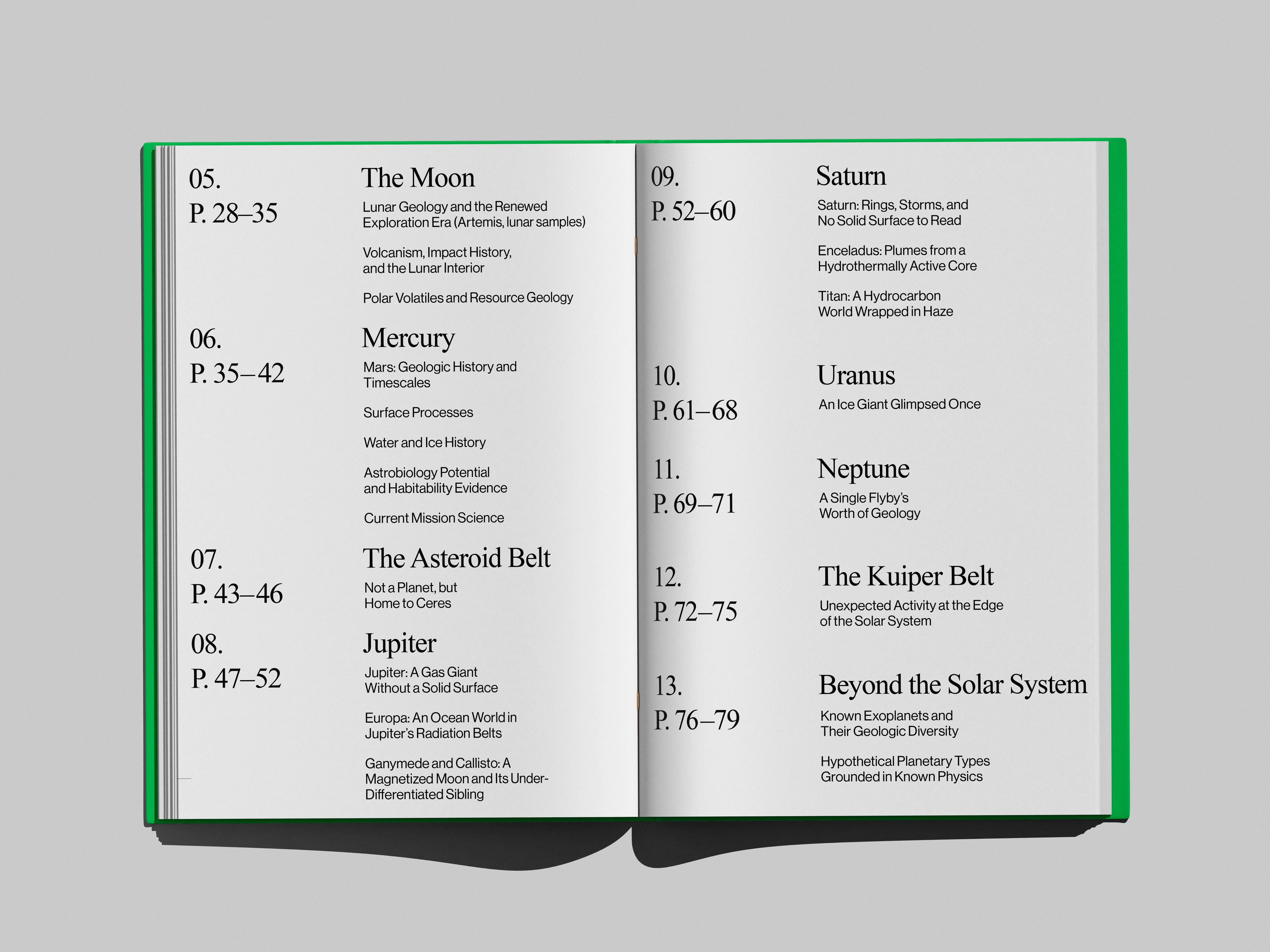 Planetary Geology book mockup, table of contents chapter list spread continued