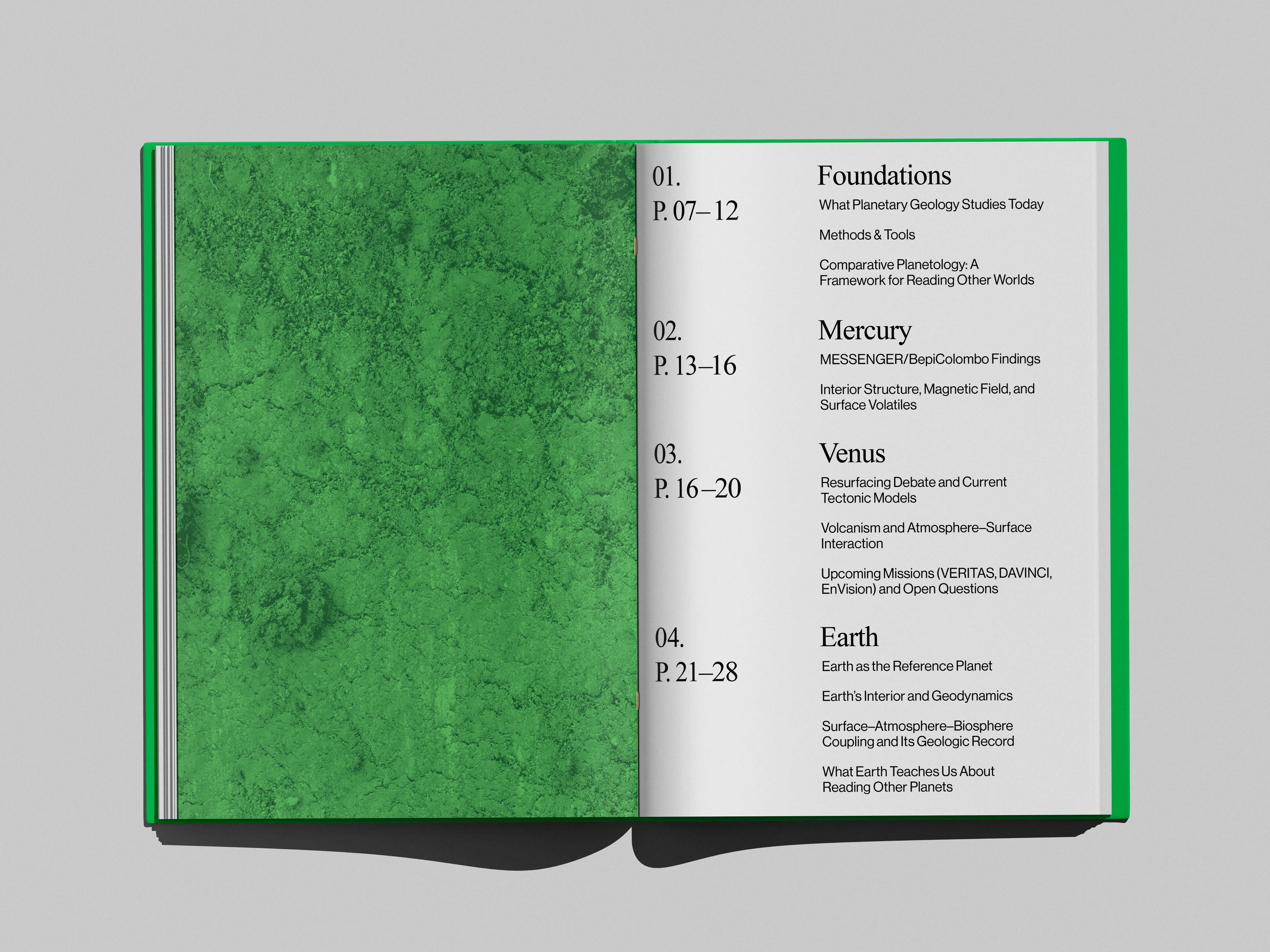 Planetary Geology book mockup, table of contents chapter list spread