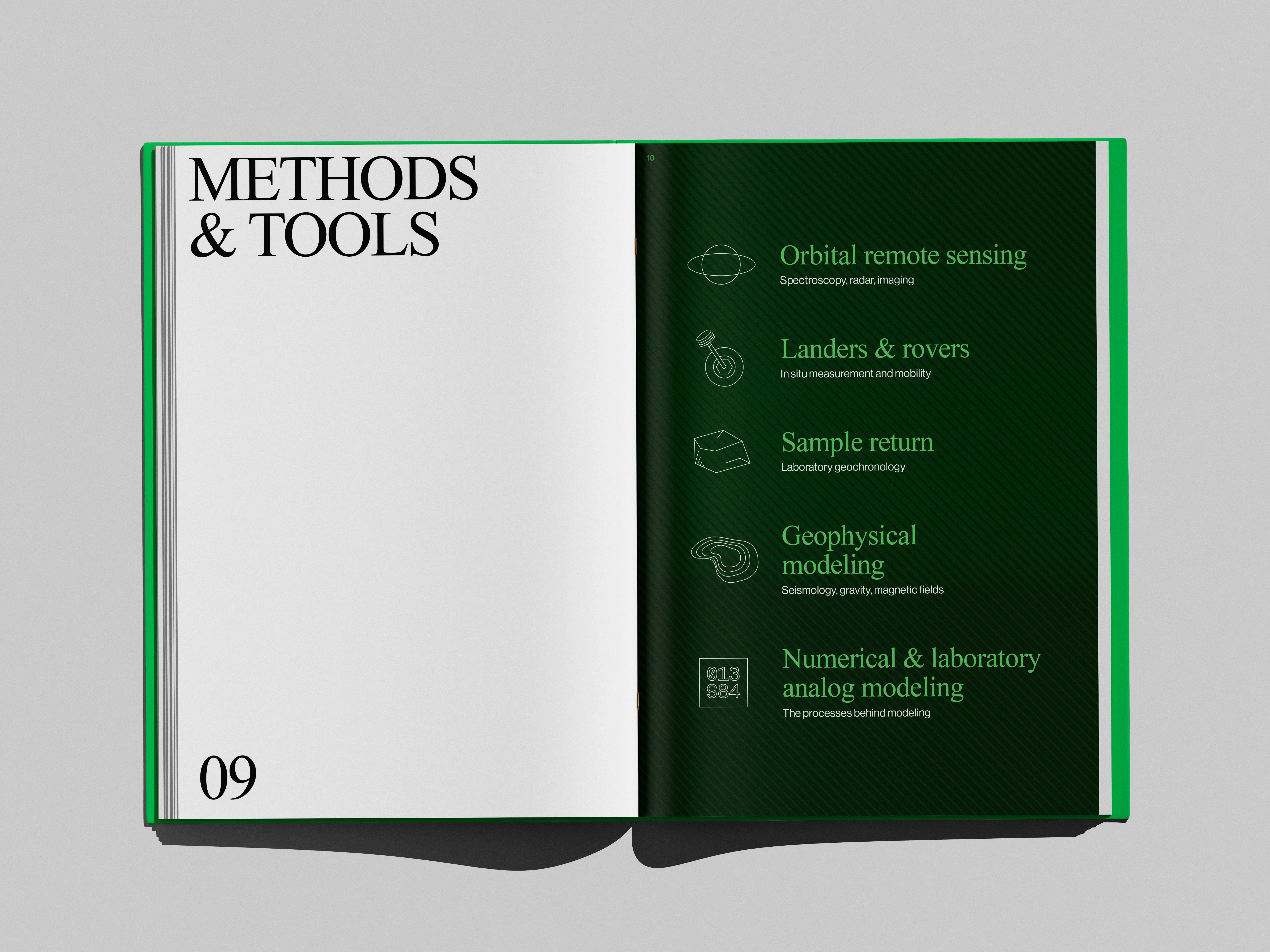 Planetary Geology book mockup, Methods and Tools spread