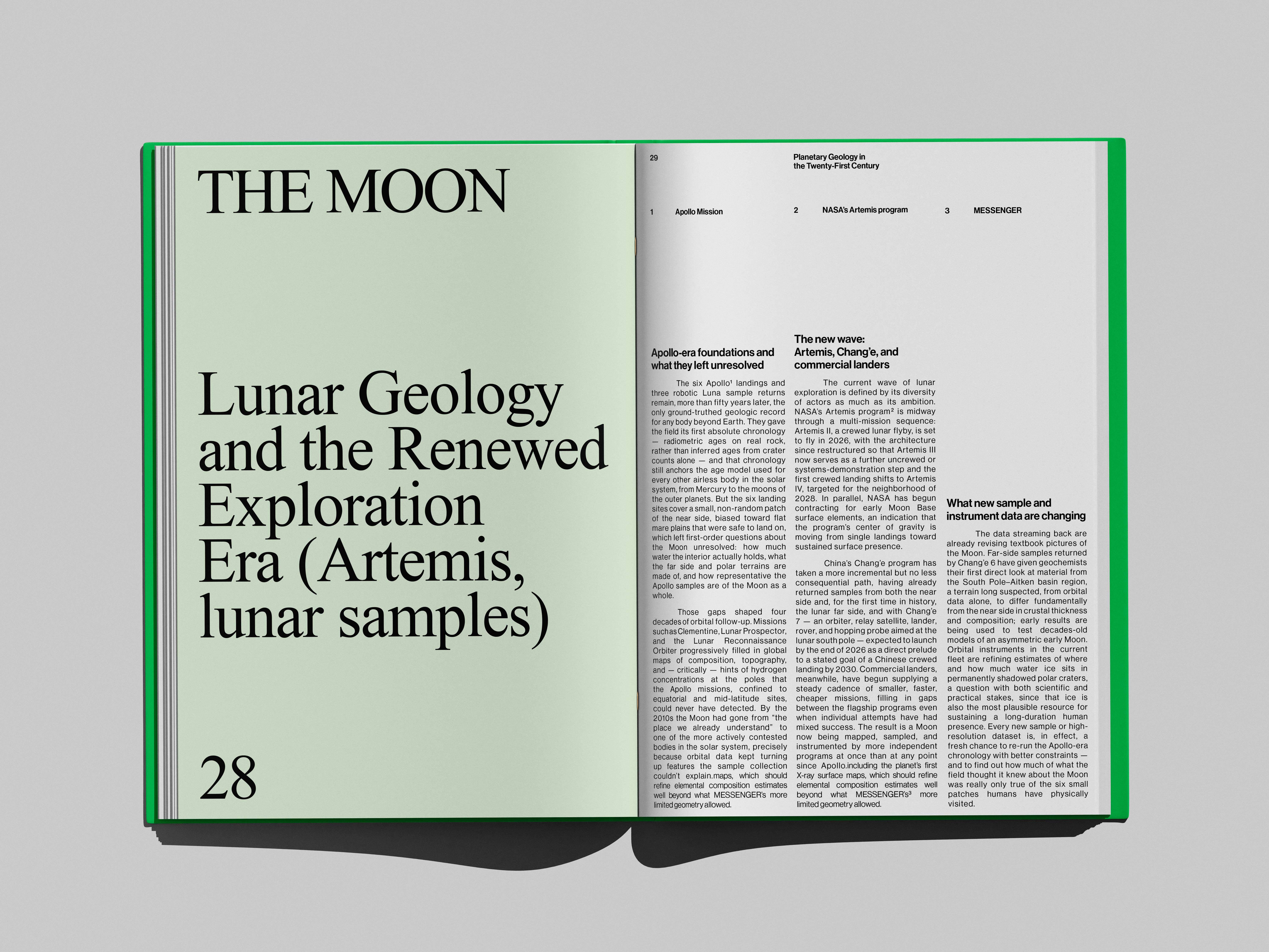 Planetary Geology book mockup, The Moon chapter opener spread
