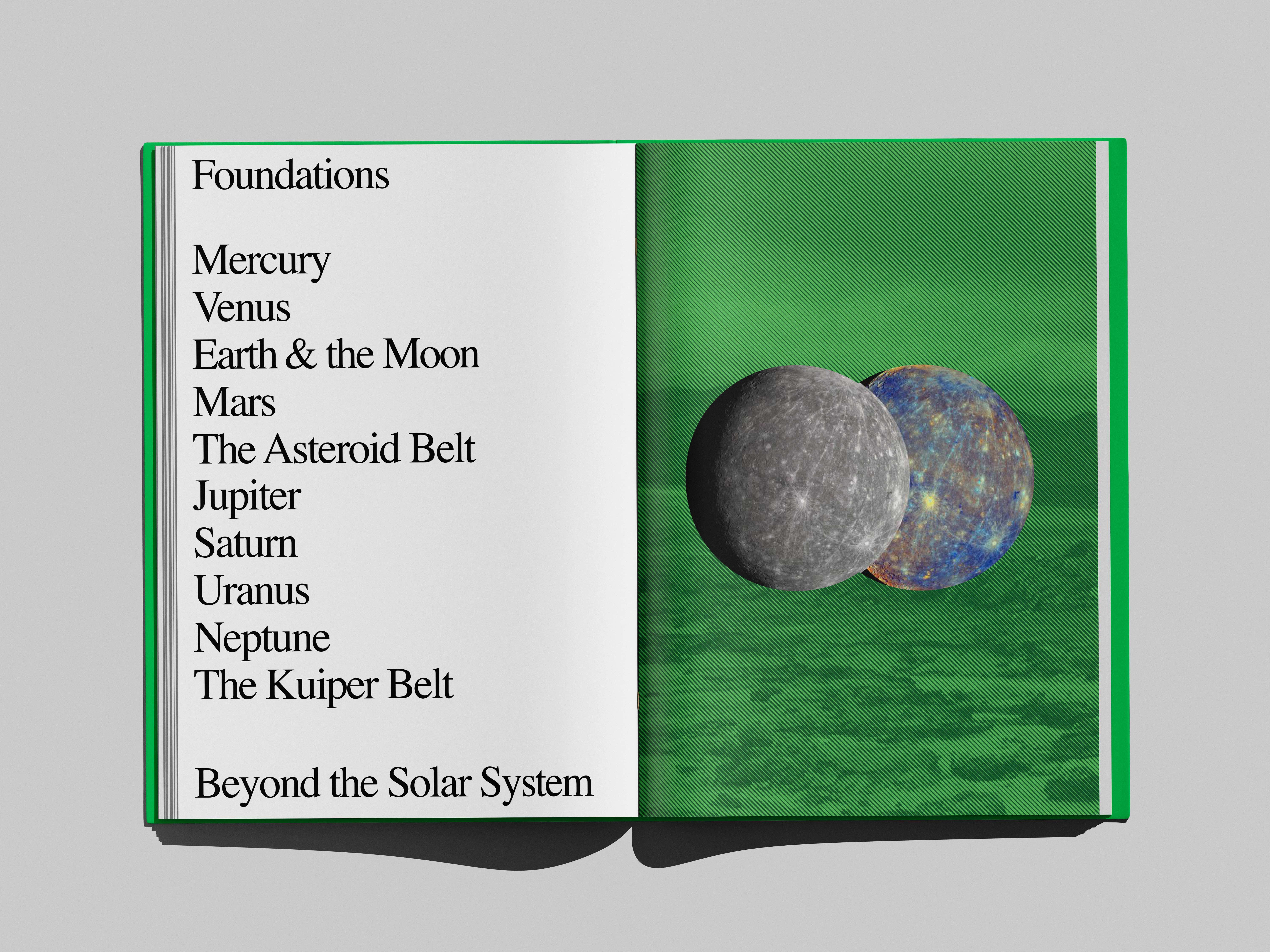 Planetary Geology book mockup, table of contents spread